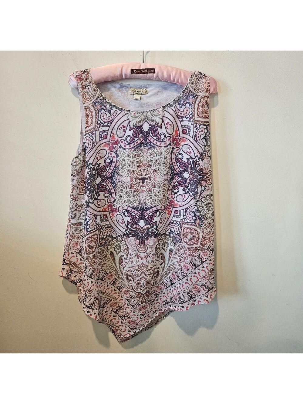 One World Women's Paisley Multi Sleeveless Woven Overlay Point Hem Blouse Medium